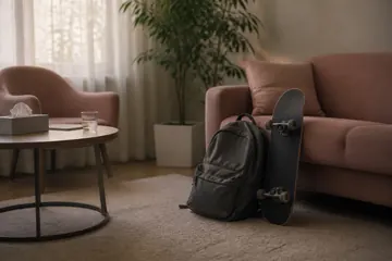 Pembe bir kanepeye dayanmış bir sırt çantası ve kaykay; yanında koltuk ve bitkilerle döşenmiş aydınlık bir oda