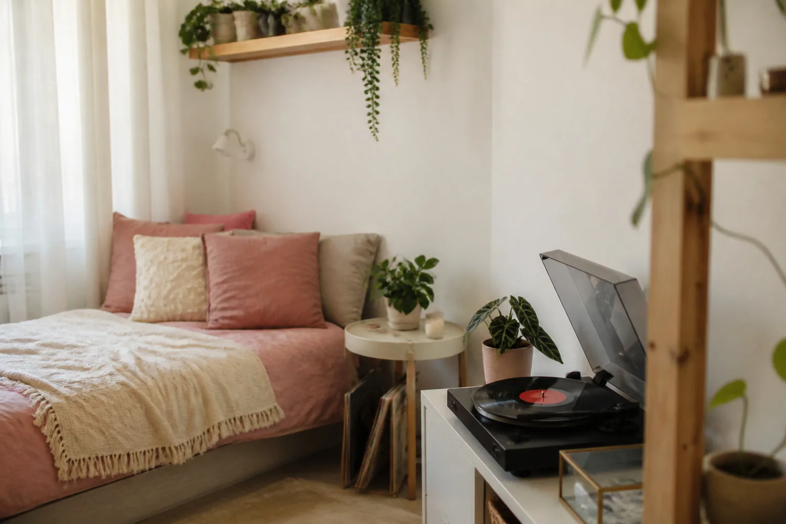 Pembe yastıklı bir yatak, pikap ve saksı bitkileriyle döşenmiş, ışık alan bir genç odası