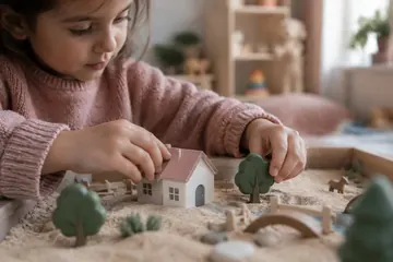 Pembe kazaklı küçük bir kız çocuğu kum tepsisine minik bir ev ve ağaçlar yerleştiriyor